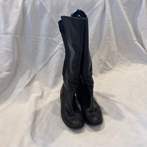 Black leather riding boots with stretch back and metal heel accent size 6